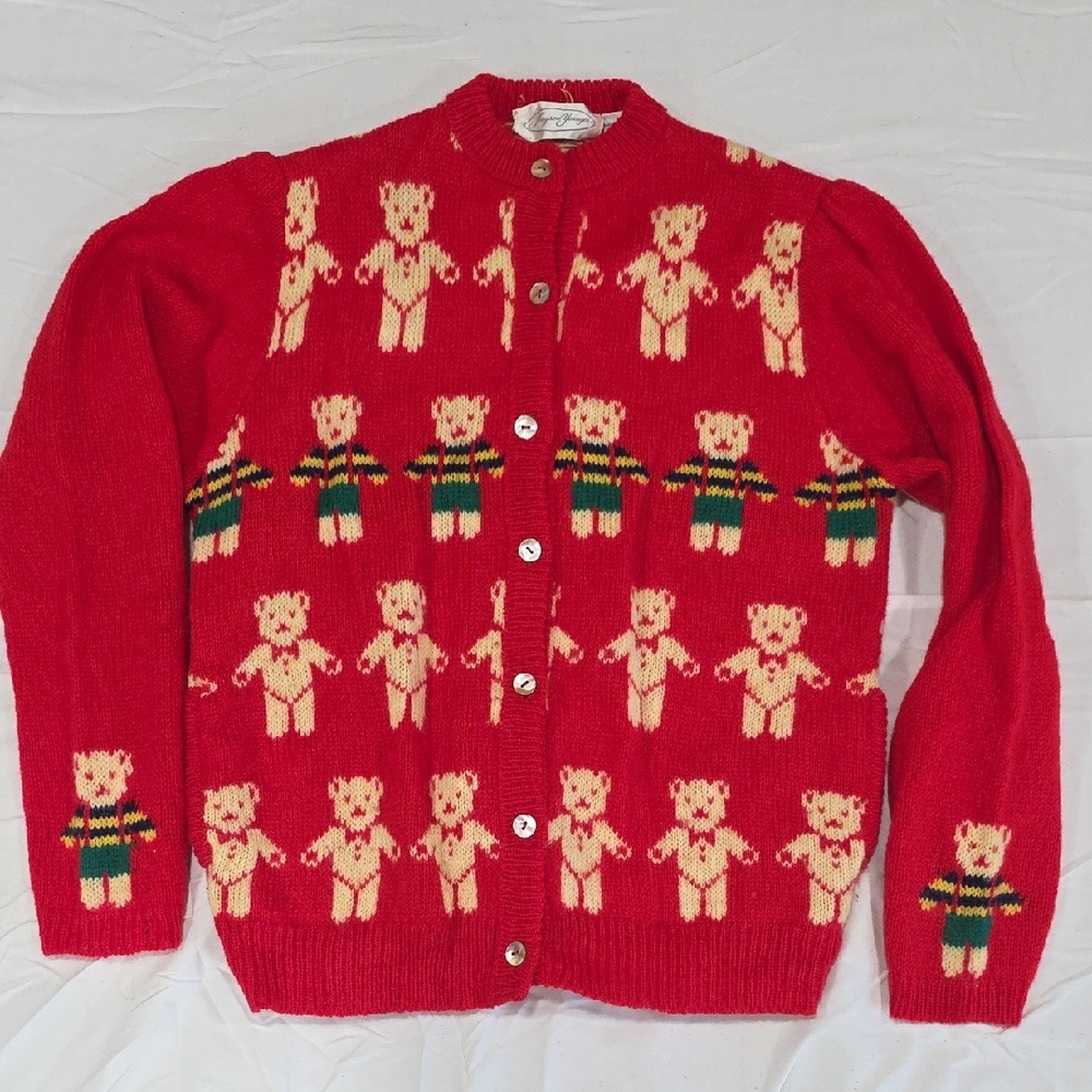 Red Teddy Bear Pattern Cardigan